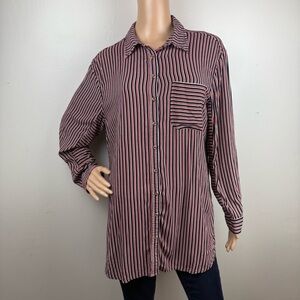 Maeve Anthropologie Adelaide Navy Red Striped Poplin Button Down Hi-Lo Sz Large